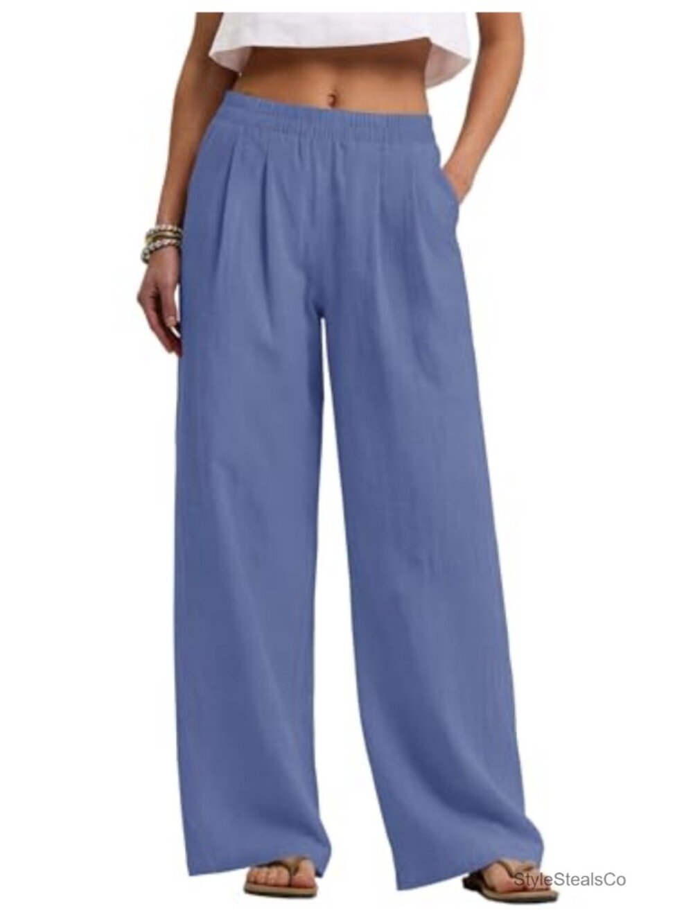 Women's Wide Leg Palazzo Pants Cotton Linen Pull-On Elastic Waist